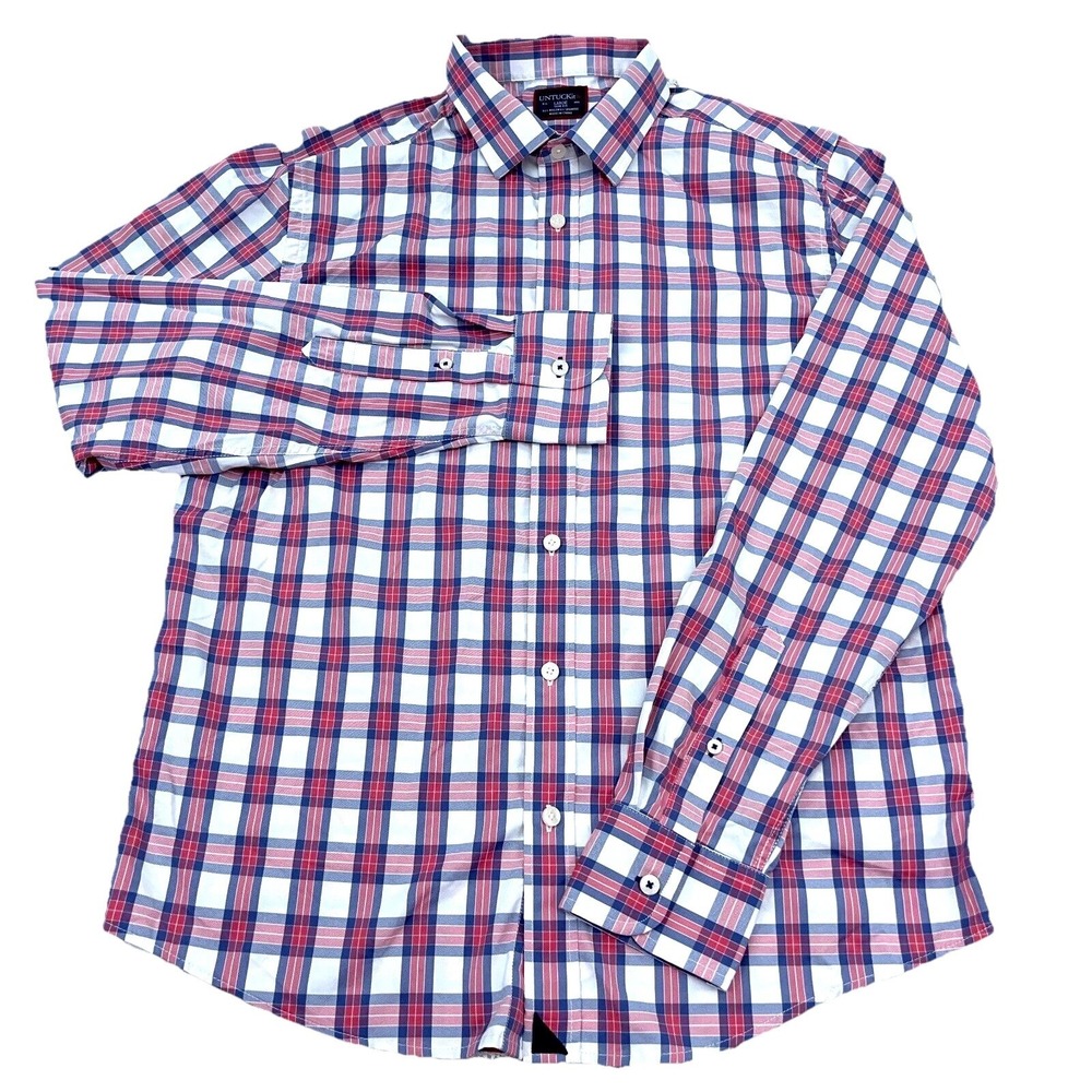 Untuckit Shirt Men Large Pink Blue White Plaid Button Up Dress Slim Fit Casual